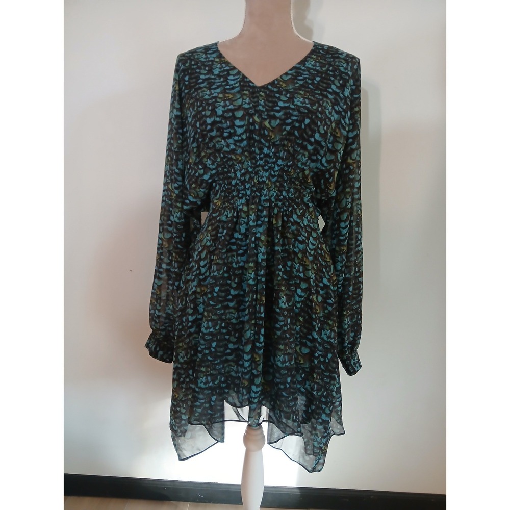 AllSaints Large Teal Peacock Feather Print Smocked Waist Handkerchief Hem Dress